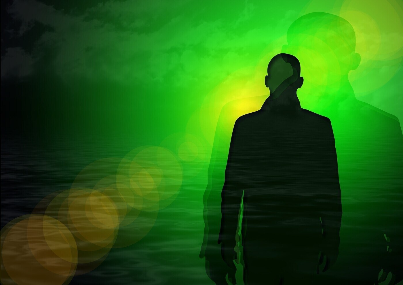 Silhouette of man, representing the soul, on green background